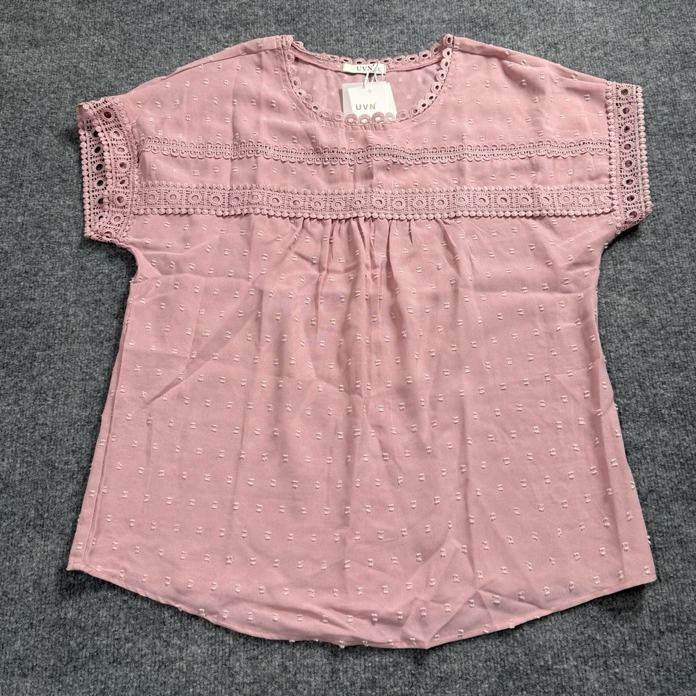UVN Pink Swiss Dot (Pom Pom) Blouse Lace Eyelet‎ Trim Short Sleeve Top NWT